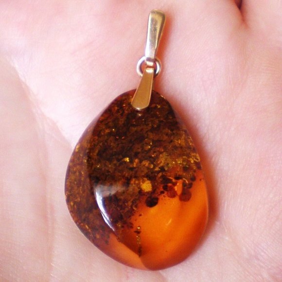 Vintage Russian Russia Soviet 14K 583 Rose Pink Gold Baltic Honey Amber Pendant